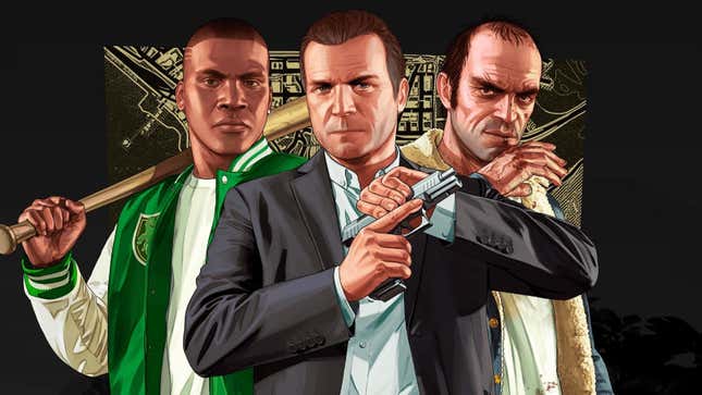 Die Hauptfiguren von GTA V erscheinen vor einem schwarzen Hintergrund. 